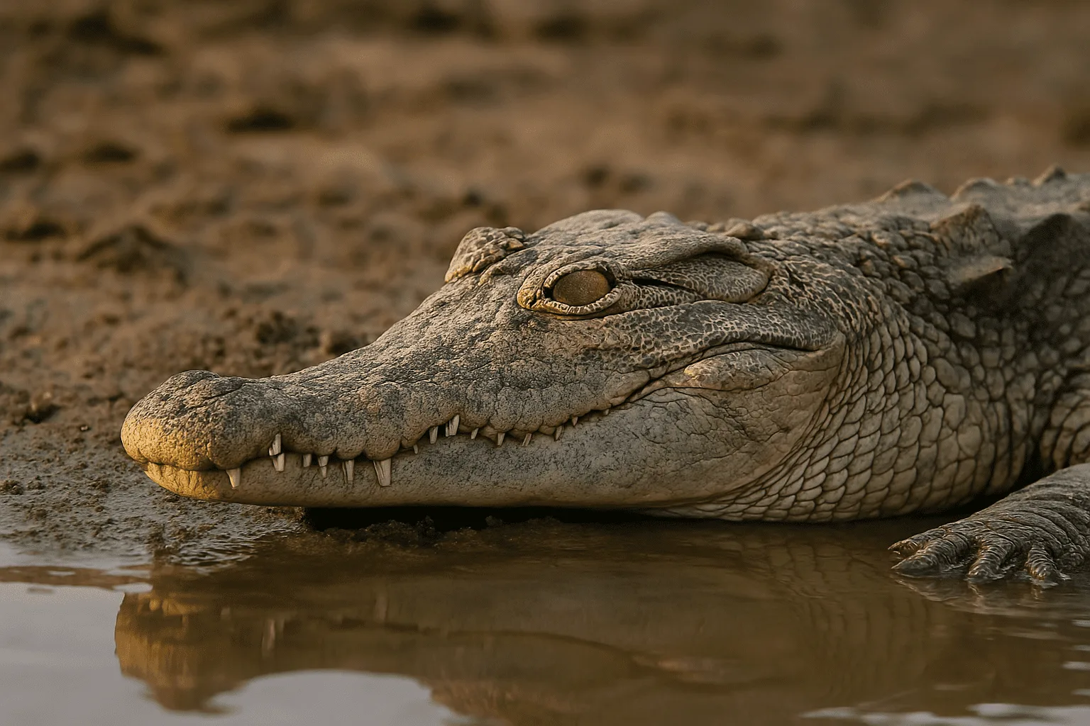 Crocodilo deitado parcialmente submerso com um olho aberto