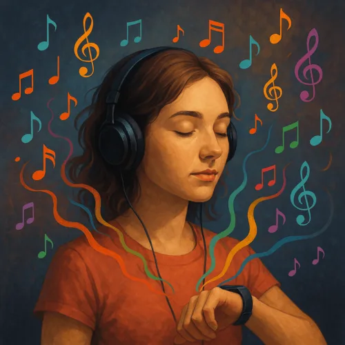 Mulher com os olhos fechados cercada por notas musicais coloridas, representando sinestesia.
