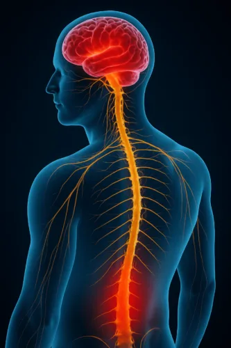 Ilustração do corpo humano com destaque no cérebro e na coluna vertebral, representando vias da dor.