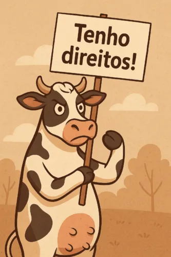 Ilustração de uma vaca segurando um cartaz com a frase “Tenho direitos!”.