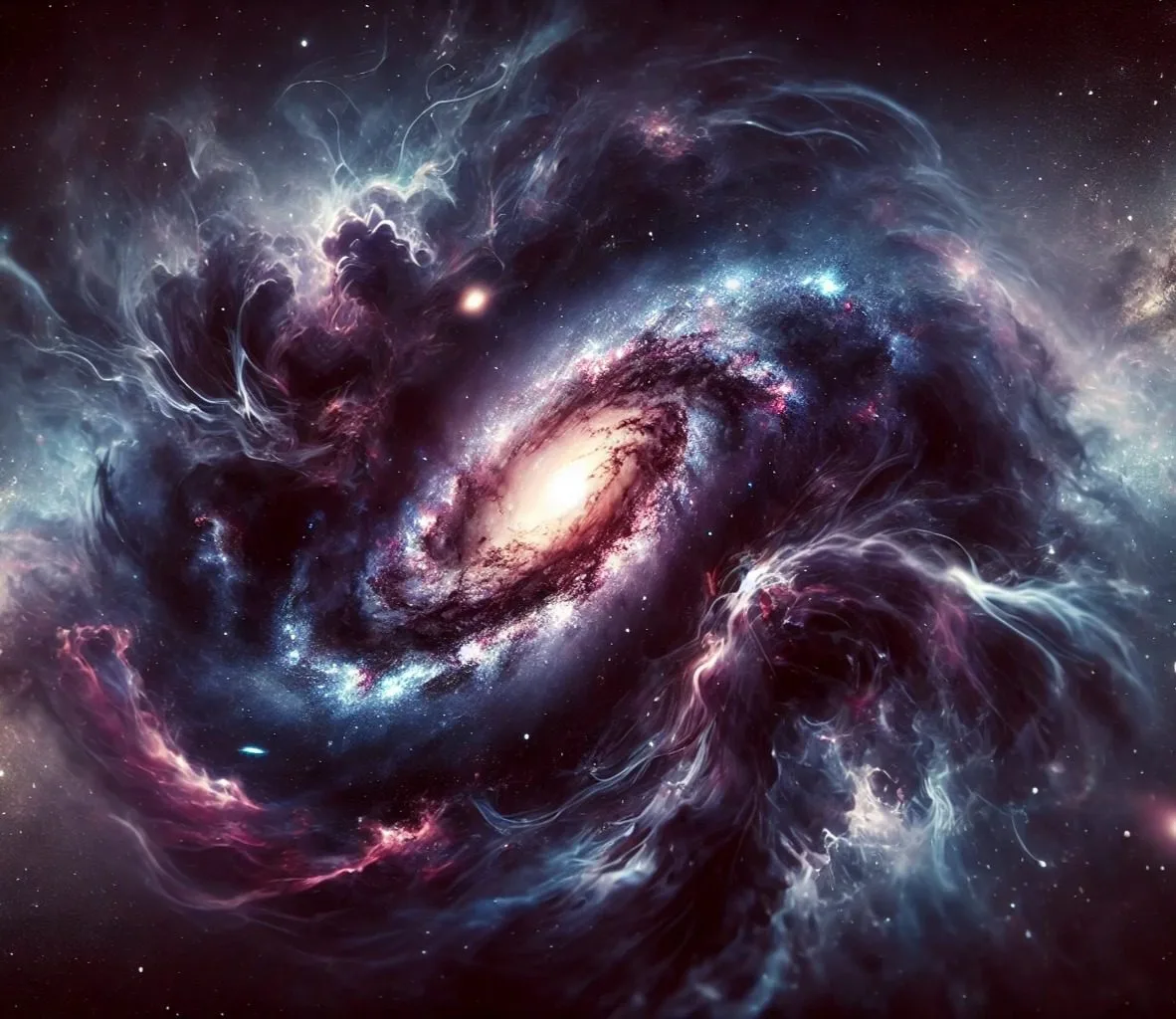 Representação realista da matéria escura e energia escura no universo, com uma cena cósmica vasta, incluindo galáxias, nebulosas e redemoinhos espaciais.