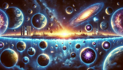 Ilustração conceitual da teoria dos universos paralelos, representando múltiplos planetas semelhantes à Terra flutuando no espaço cósmico.
