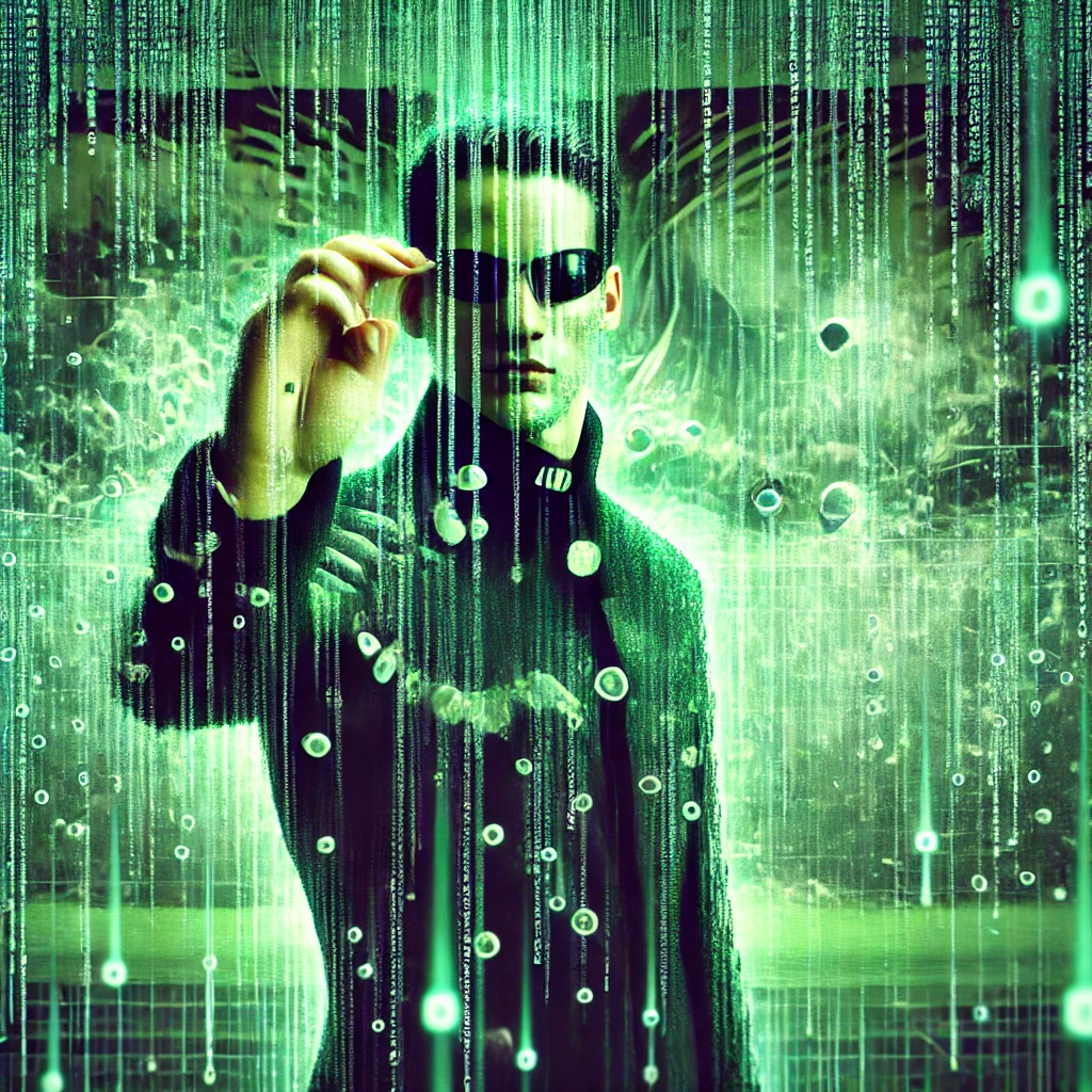DALL·E 2025-03-24 15.36.26 - A digital concept image inspired by the Matrix Glitch Theory. A human figure made entirely of green binary code stands with sunglasses, holding them l A teoria da Matrix Glitch