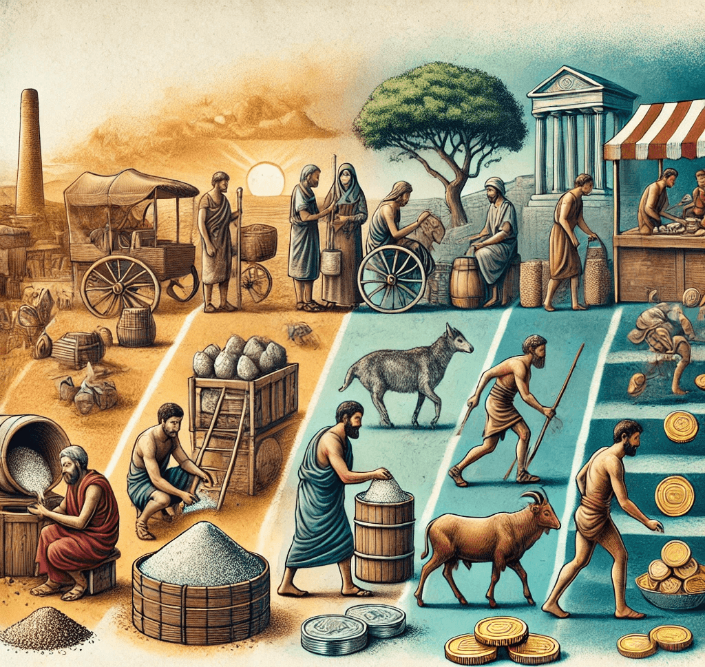 DALL·E 2025-03-24 22.00.10 - An artistic and detailed illustration showing the evolution of money in the ancient world. From left to right, the image shows people bartering goods,