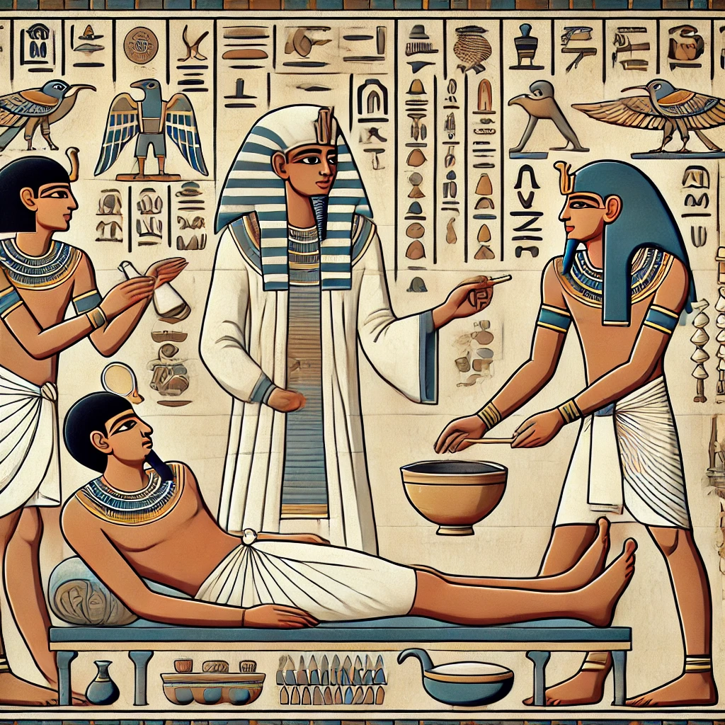 DALL·E 2025-03-25 13.28.06 - An ancient Egyptian-style painting showing a healer applying medicine to a wounded soldier. The healer uses a bowl of herbs, while assistants bring sc Medicina no antigo Egito