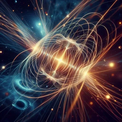 Representação visual da Teoria das Cordas, mostrando cordas vibrantes no tecido do espaço-tempo e suas interações com partículas subatômicas