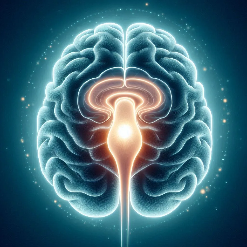 Ilustração anatômica do cérebro humano com a glândula pineal em destaque no centro.