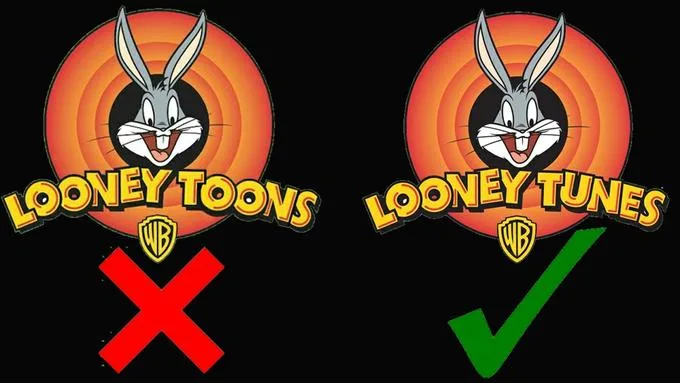 Comparação entre duas versões do logotipo dos Looney Tunes, destacando uma possível falsa memória associada ao Efeito Mandela.