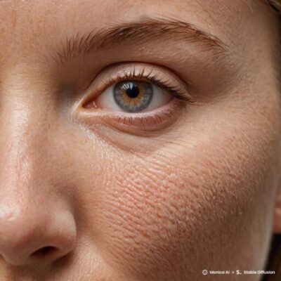 Close-up de pele humana mostrando detalhes da textura, poros e hidratação, destacando a complexidade e variações naturais da epiderme