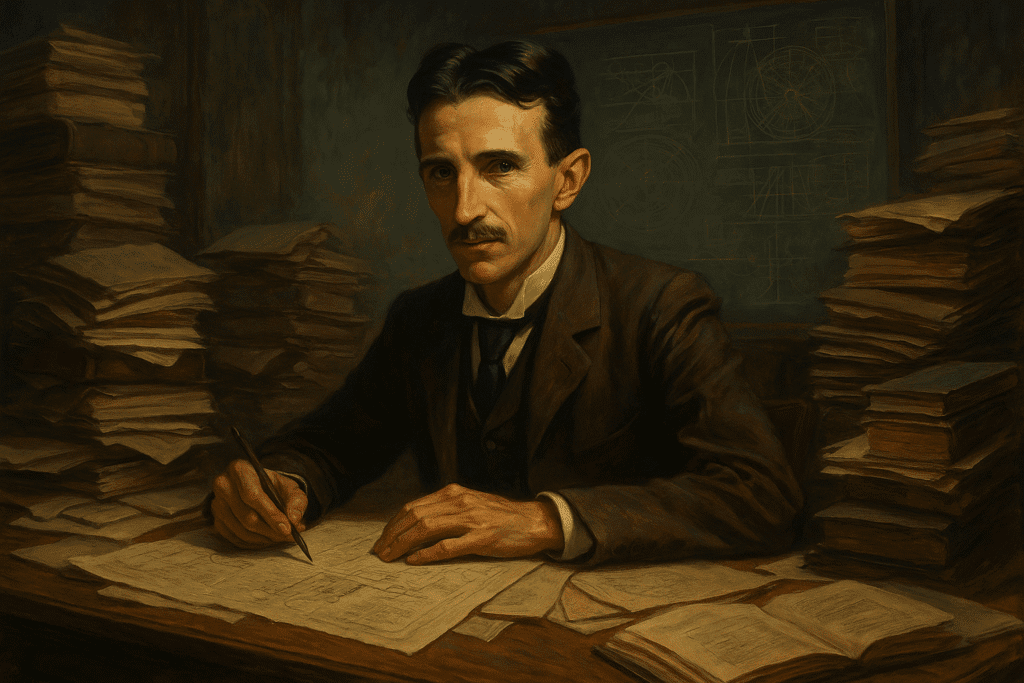 Tesla em laboratório, estudando sinais misteriosos Nikola Tesla em laboratório, estudando sinais misteriosos
