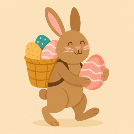 Ilustração de um coelho de Páscoa carregando ovos coloridos em uma cesta nas costas, estilo desenho, sem texto.