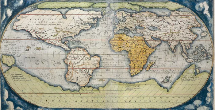 Mapa-múndi do século XVI publicado no Theatrum Orbis Terrarum, com ilustrações de continentes e oceanos
