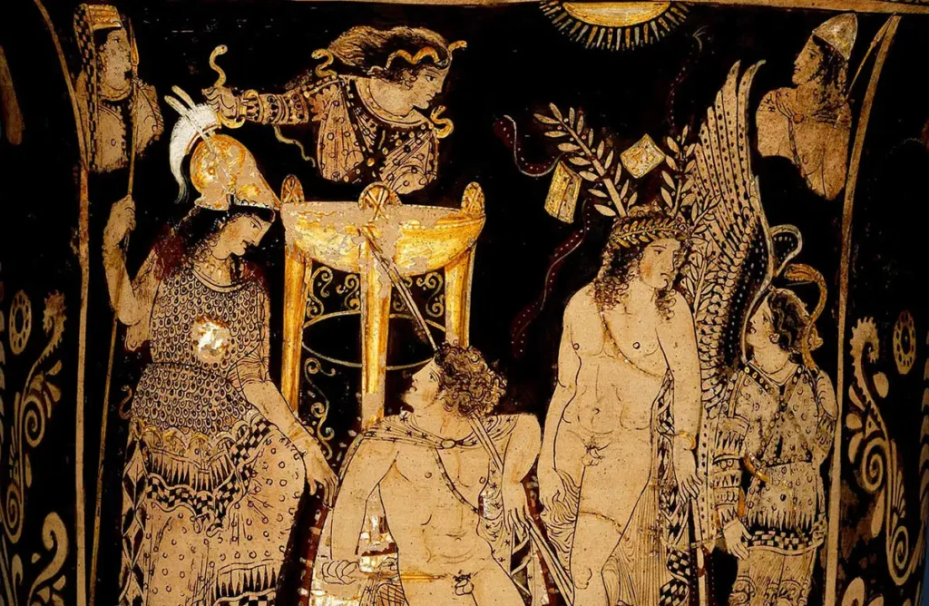 representando Orestes visitando a Pítia em Delfos para pedir ajuda a Apolo e Atena, século 4 aC, Museu Britânico representando Orestes visitando a Pítia em Delfos para pedir ajuda a Apolo e Atena, século 4 aC, Museu Britânico
