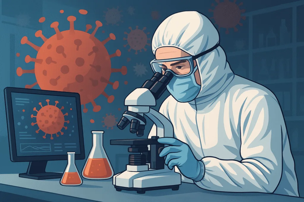 Representação de um profissional da saúde analisando um vírus (pandemia)