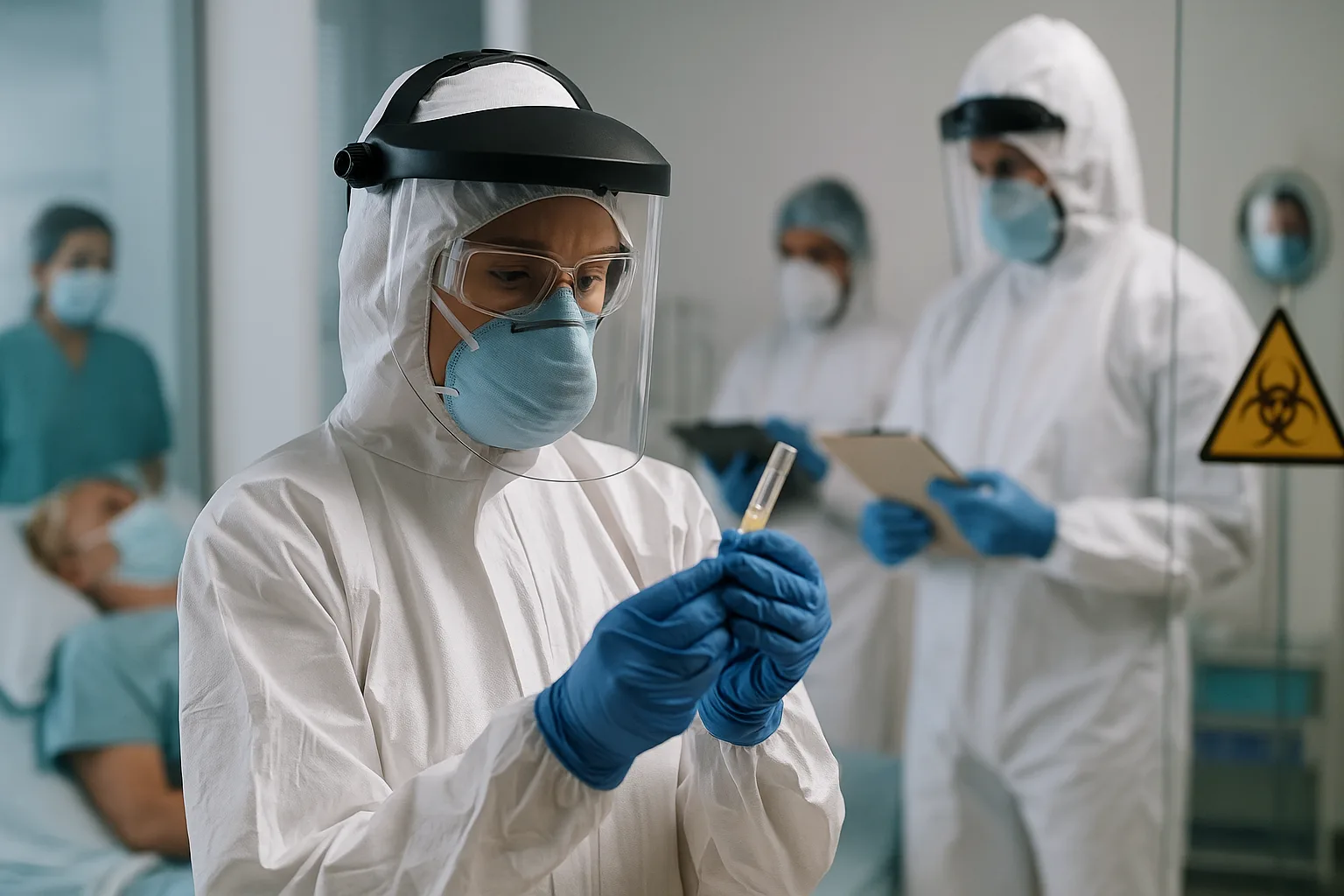 Equipe médica em trajes de proteção analisando amostra durante surto infeccioso em ambiente hospitalar controlado