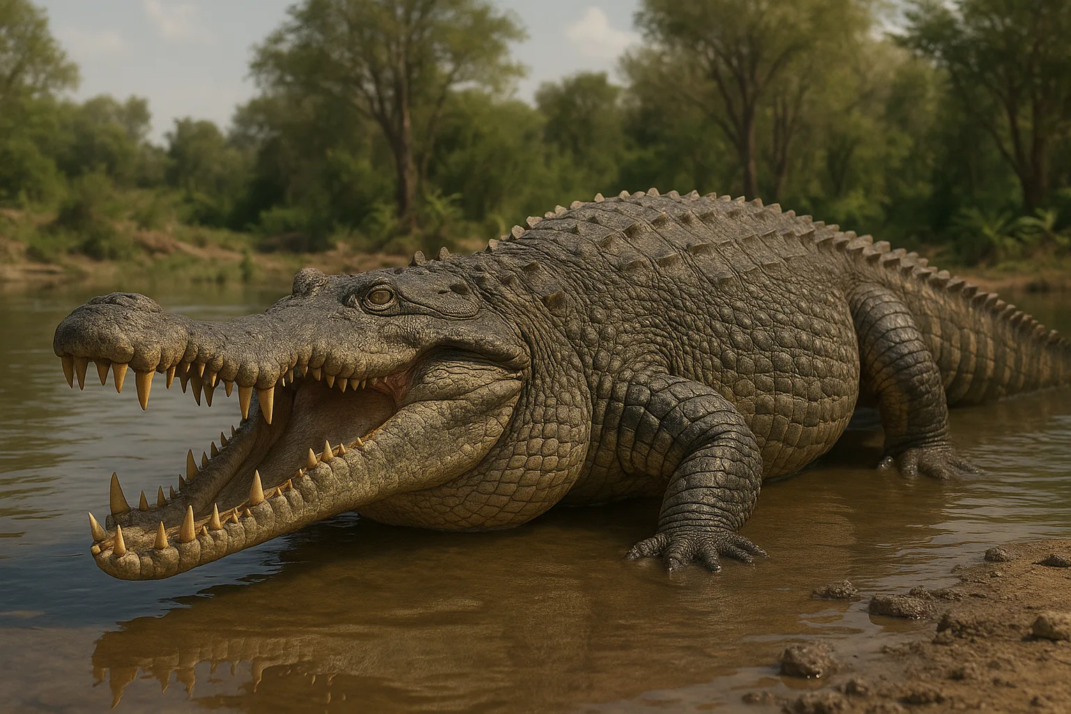 Representação realista do Sarcosuchus, crocodiliano pré-histórico gigante à beira de um rio.