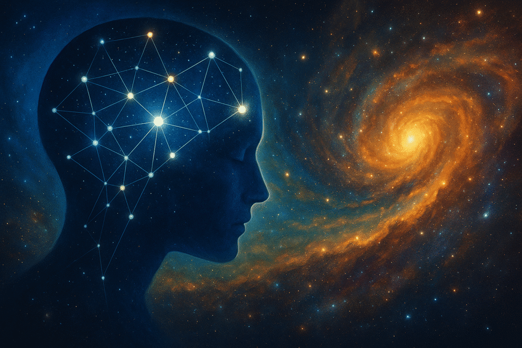Representação da mente humano ligada ao universo gerando a sincronicidade Representação da mente humano ligada ao universo gerando a sincronicidade