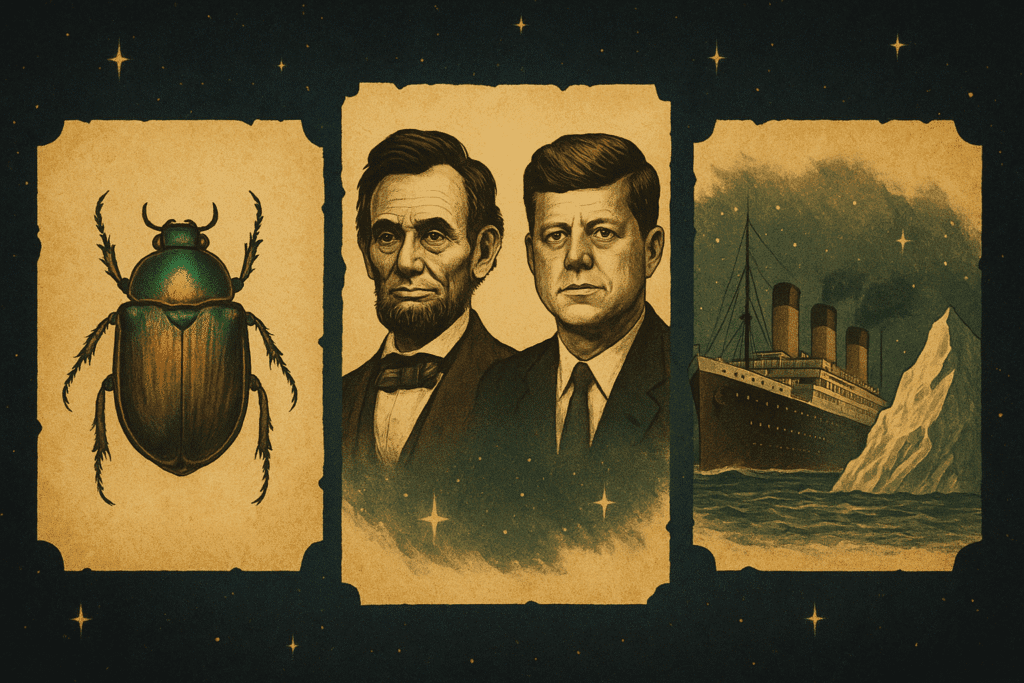 Três cenas emblemáticas que simbolizam coincidências históricas intrigantes: o escaravelho de Jung, paralelos entre Lincoln e Kennedy, e a premonição literária do Titanic. Três cenas emblemáticas que simbolizam coincidências históricas intrigantes: o escaravelho de Jung, paralelos entre Lincoln e Kennedy, e a premonição literária do Titanic.