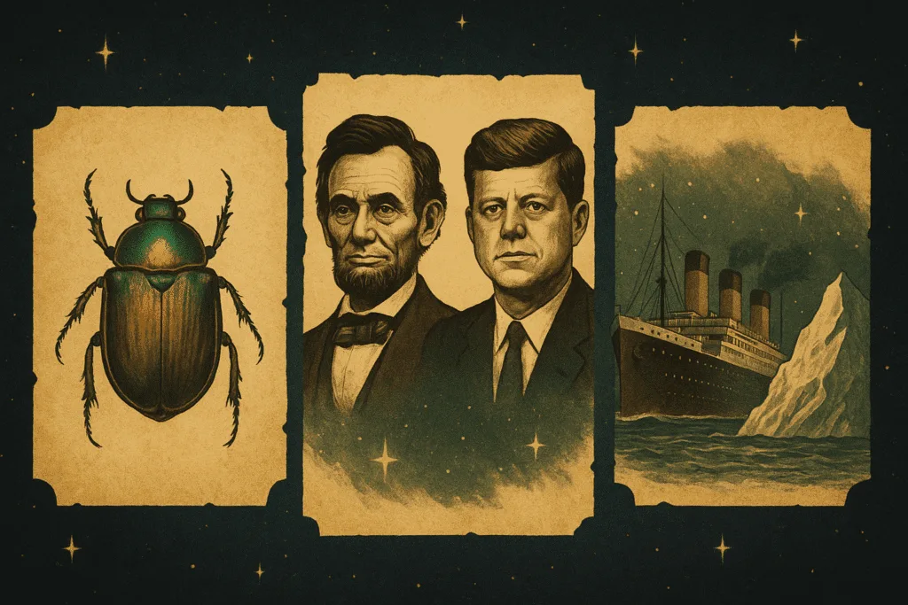 Três cenas emblemáticas que simbolizam coincidências históricas intrigantes: o escaravelho de Jung, paralelos entre Lincoln e Kennedy, e a premonição literária do Titanic.