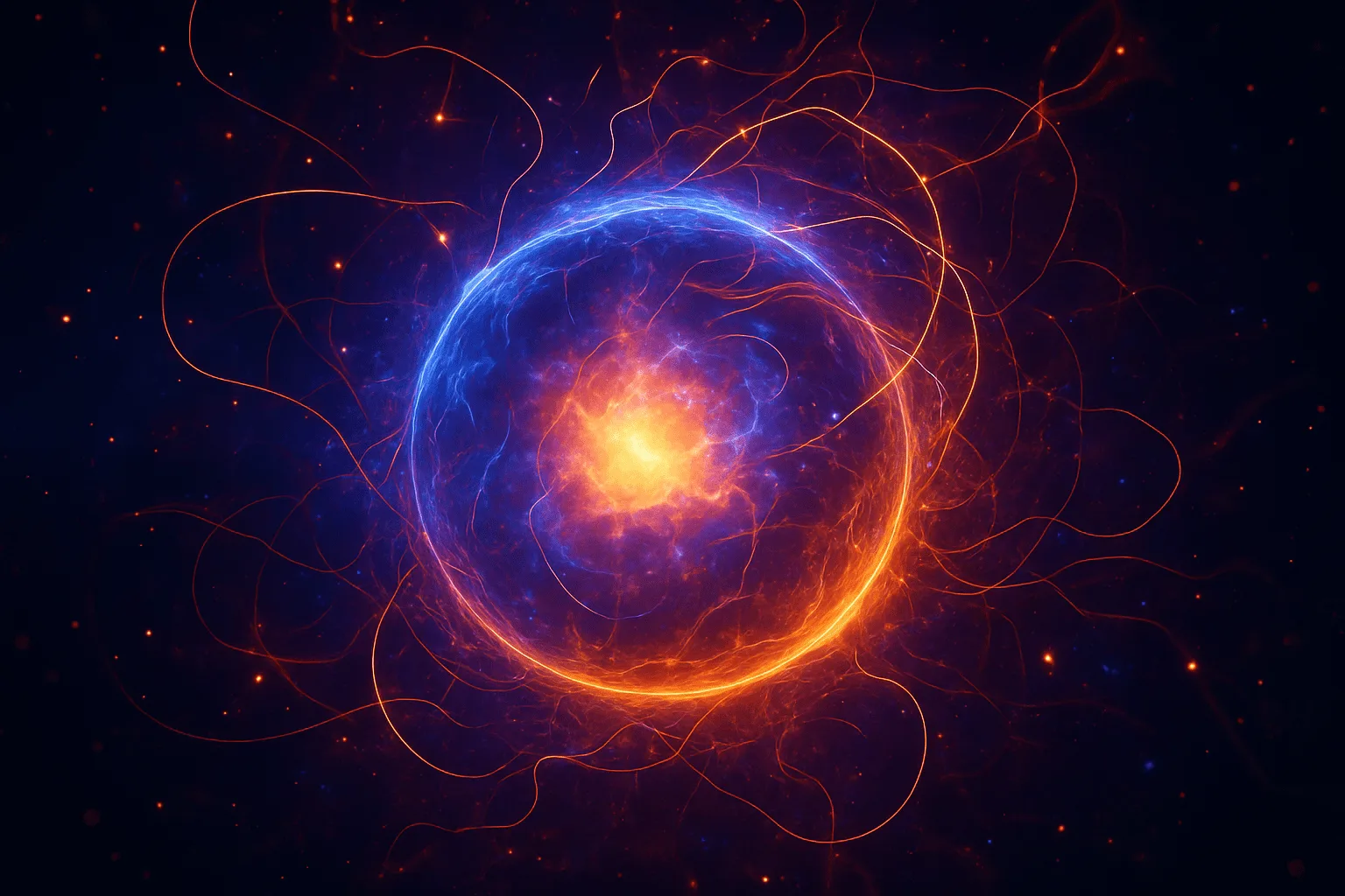Representação digital de plasma, o quarto estado da matéria, com partículas energizadas e campos magnéticos visíveis.