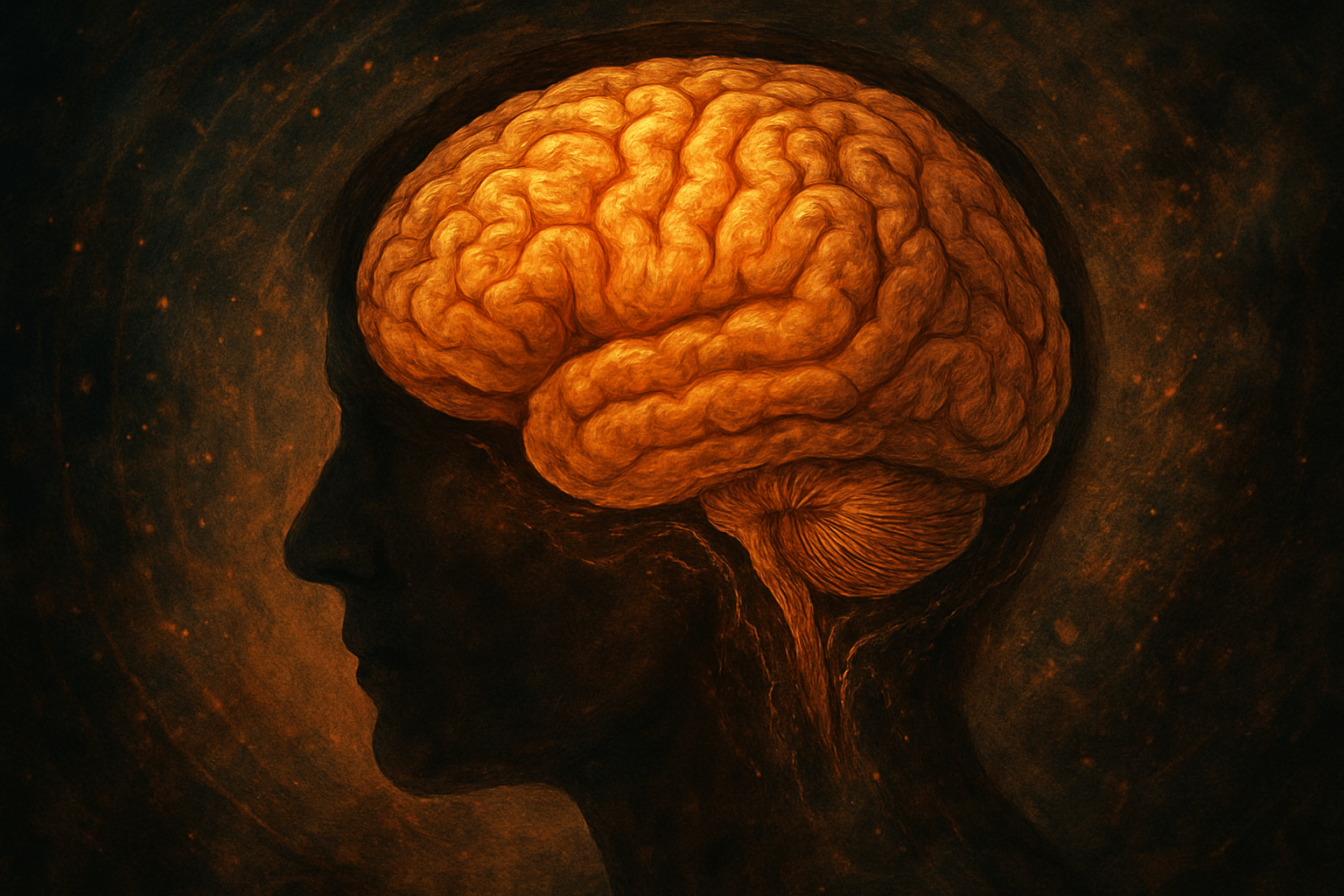 Ilustração artística de um cérebro iluminado dentro do perfil de uma cabeça humana, representando a memória.