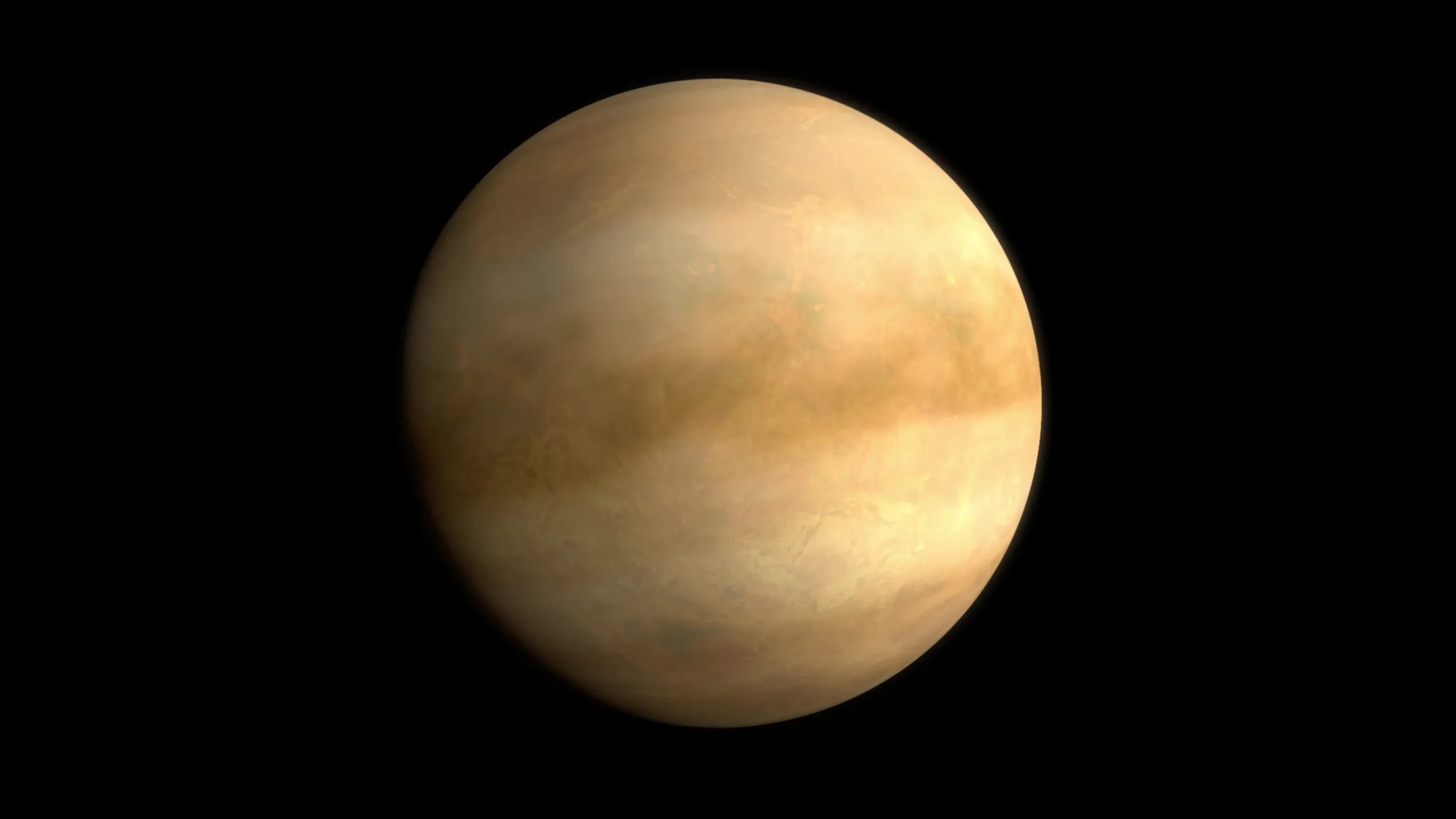 Imagem de Vênus com sua espessa atmosfera amarelada, representando o planeta coberto por nuvens de ácido sulfúrico.