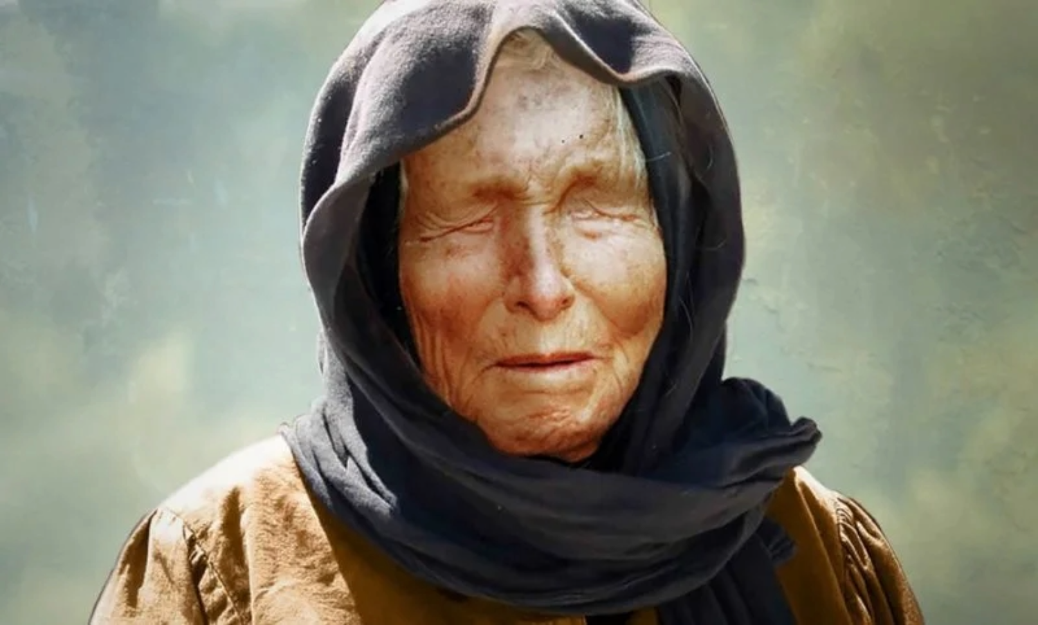 Retrato artístico de Baba Vanga, a vidente cega conhecida por suas profecias.