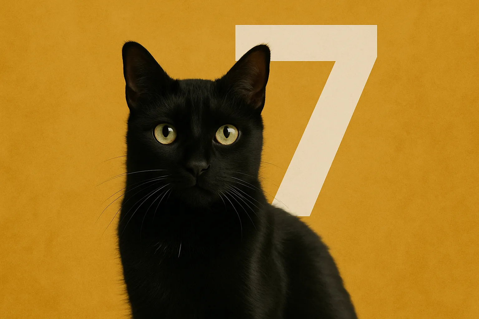 Gato preto olhando fixamente para a câmera com um grande número 7 branco ao fundo, sobre um fundo amarelo.