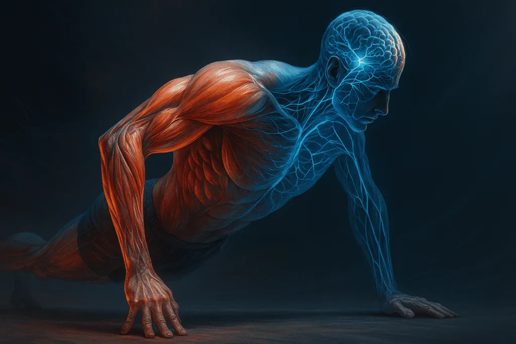 Ilustração digital hiper-realista de um homem fazendo flexão, com metade do corpo destacando músculos em vermelho e a outra metade mostrando conexões neurais em azul representando a memória muscular.