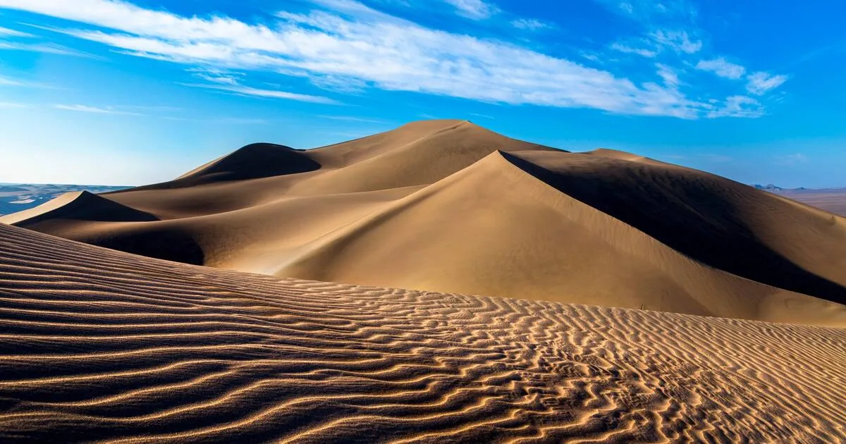 Imagem panorâmica do Deserto de Lut, no Irã, com dunas de areia dourada sob um céu azul, representando o deserto mais quente do mundo.