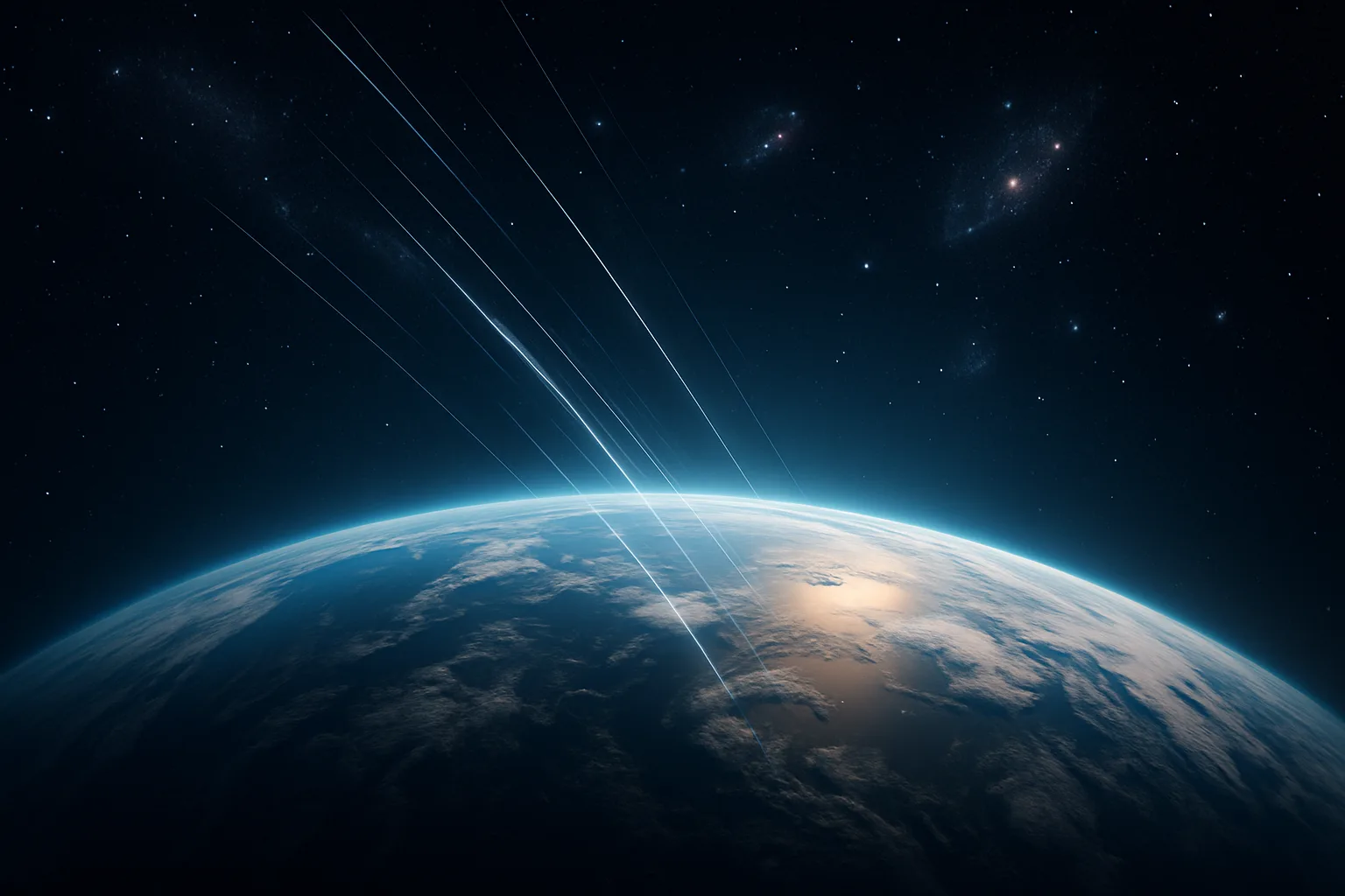 Vista da Terra do espaço sendo atingida por feixes de radiação cósmica, com atmosfera iluminada e fundo estrelado.